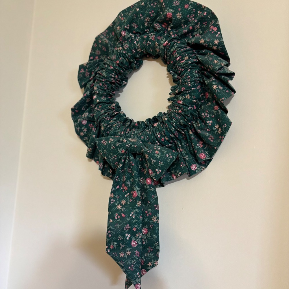 Forest Green Floral Fabric Wreath with Bow Cottagecore Wall Decor Cottagecore